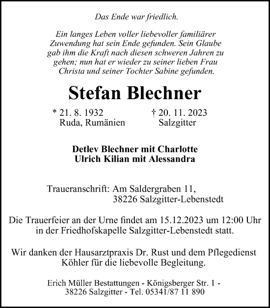 Traueranzeige von Stefan Blechner von Salzgitter-Zeitung