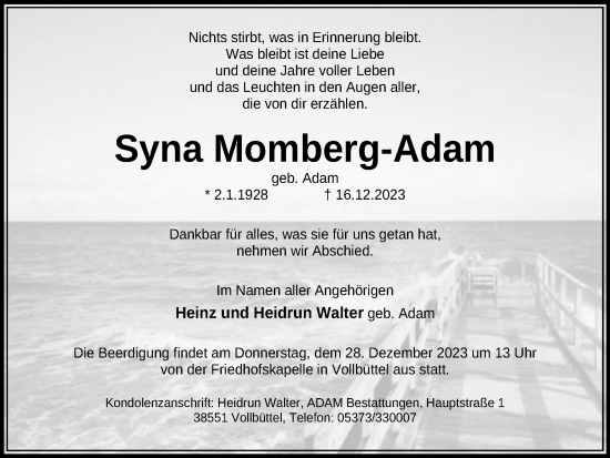 Traueranzeige von Syna Momberg-Adam von Braunschweiger Zeitung