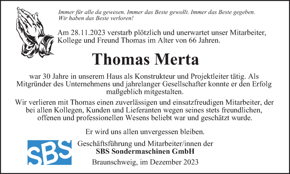  Traueranzeige für Thomas Merta vom 06.12.2023 aus Braunschweiger Zeitung