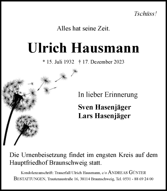 Traueranzeige von Ulrich Hausmann von Braunschweiger Zeitung