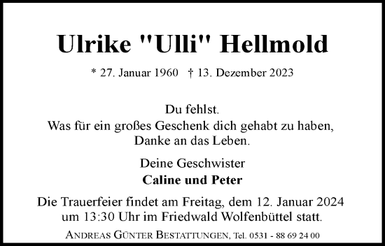 Traueranzeige von Ulrike Hellmold von Neue Braunschweiger am Samstag