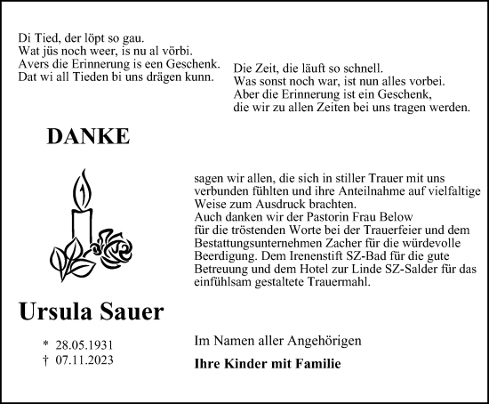 Traueranzeige von Ursula Sauer von Salzgitter-Zeitung