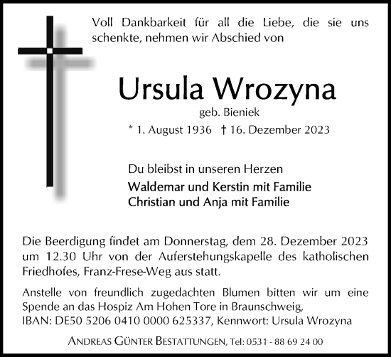 Traueranzeige von Ursula Wrozyna von Braunschweiger Zeitung