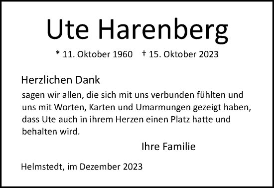 Traueranzeige von Ute Harenberg von Helmstedter Nachrichten