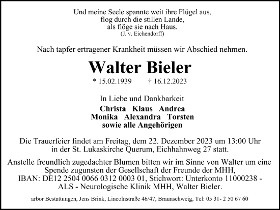 Traueranzeige von Walter Bieler von Braunschweiger Zeitung