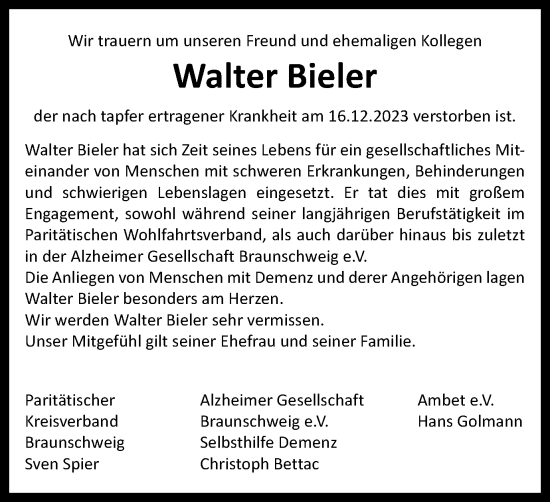 Traueranzeige von Walter Bieler von Braunschweiger Zeitung