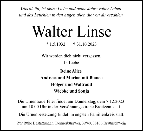 Traueranzeige von Walter Linse von Braunschweiger Zeitung