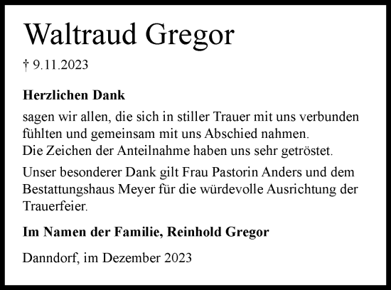 Traueranzeige von Waltraud Gregor von Wolfsburger Nachrichten