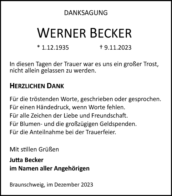 Traueranzeige von Werner Becker von Braunschweiger Zeitung