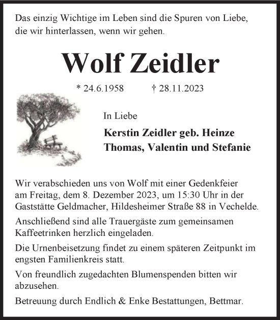 Traueranzeige von Wolf Zeidler von Peiner Nachrichten