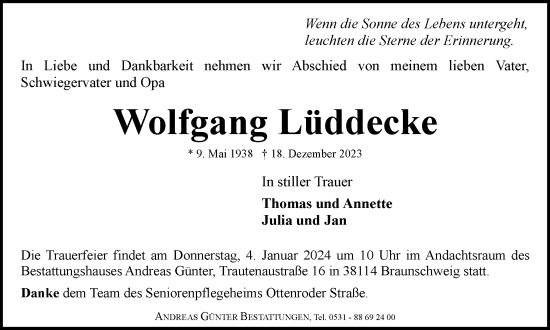 Traueranzeige von Wolfgang Lüddecke von Braunschweiger Zeitung