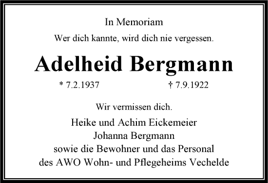 Traueranzeige von Adelheid Bergmann von Braunschweiger Zeitung