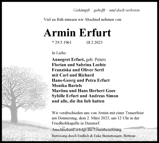 Traueranzeige von Armin Erfurt von Peiner Nachrichten