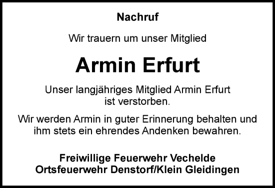 Traueranzeige von Armin Erfurt von Peiner Nachrichten