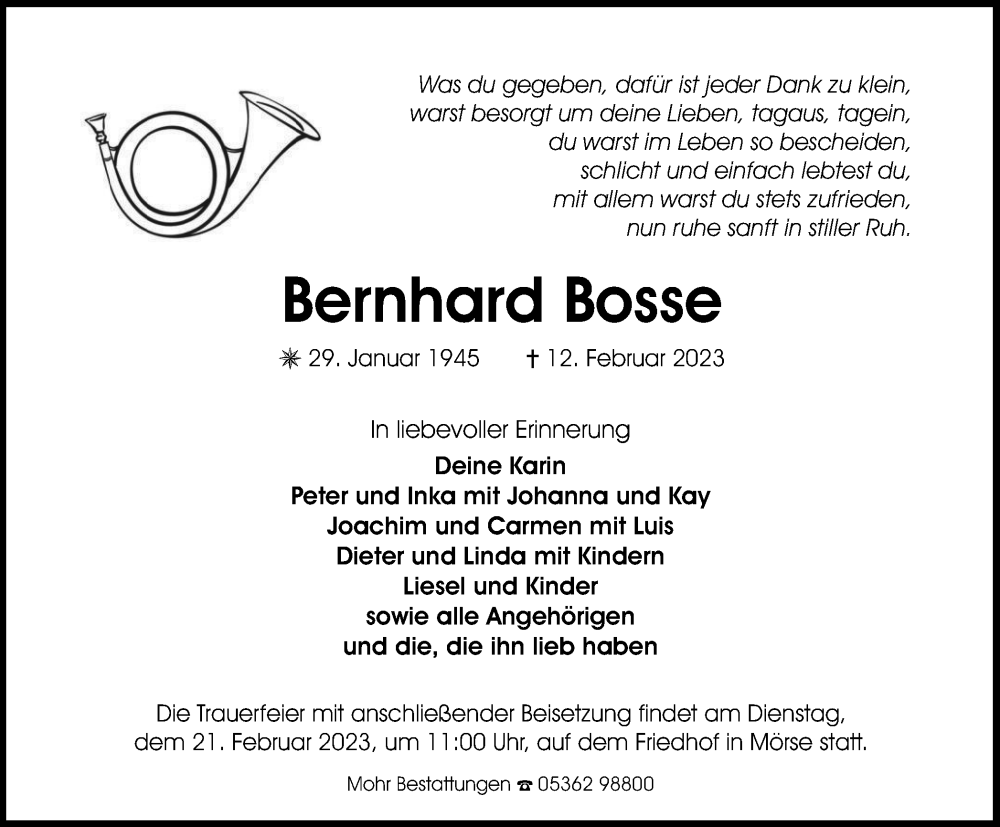  Traueranzeige für Bernhard Bosse vom 17.02.2023 aus Wolfsburger Nachrichten