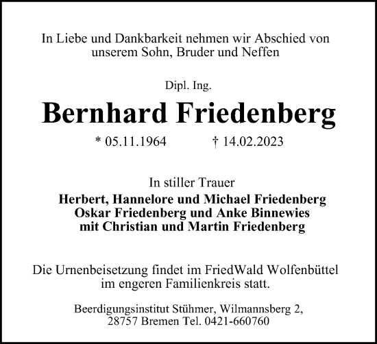 Traueranzeige von Bernhard Friedenberg von Braunschweiger Zeitung