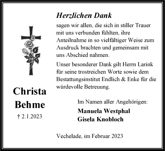 Traueranzeige von Christa Behme von Peiner Nachrichten