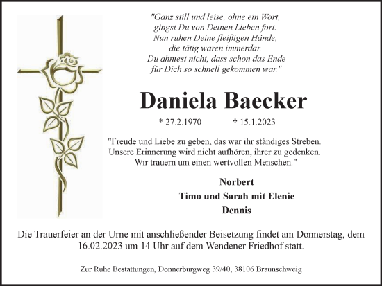 Traueranzeige von Daniela Baecker von Braunschweiger Zeitung