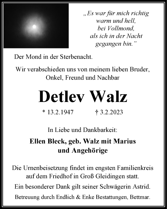 Traueranzeige von Detlev Walz von Peiner Nachrichten