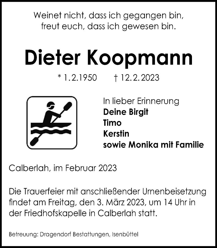  Traueranzeige für Dieter Koopmann vom 18.02.2023 aus Wolfsburger Nachrichten