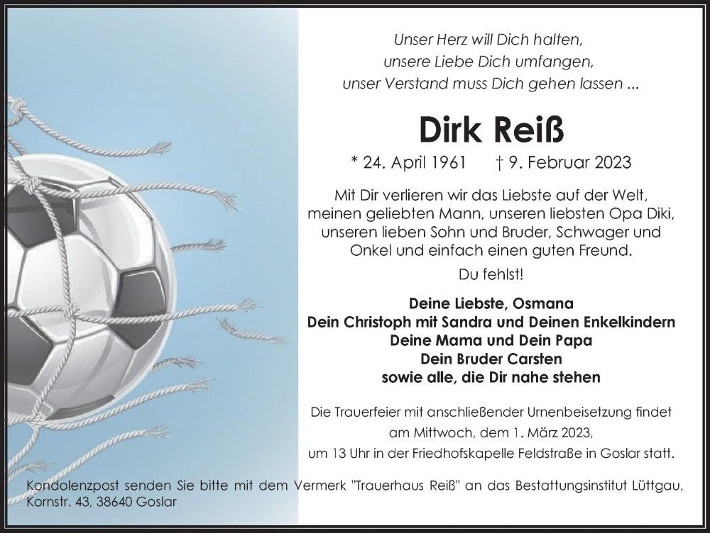  Traueranzeige für Dirk Reiß vom 18.02.2023 aus Wolfenbütteler Zeitung