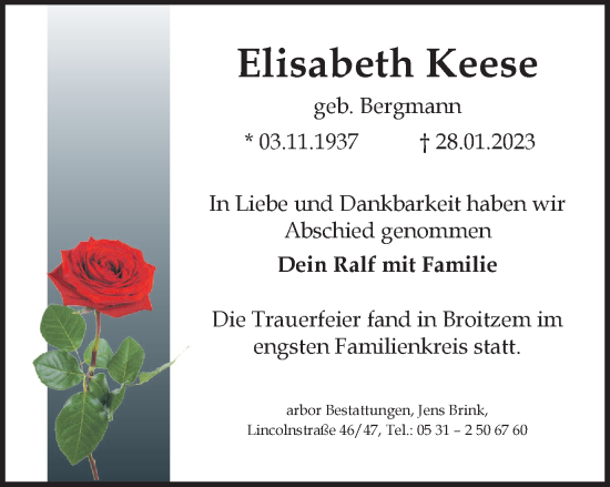 Traueranzeige von Elisabeth Keese von Braunschweiger Zeitung