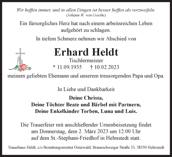 Traueranzeige von Erhard Heldt von Helmstedter Nachrichten