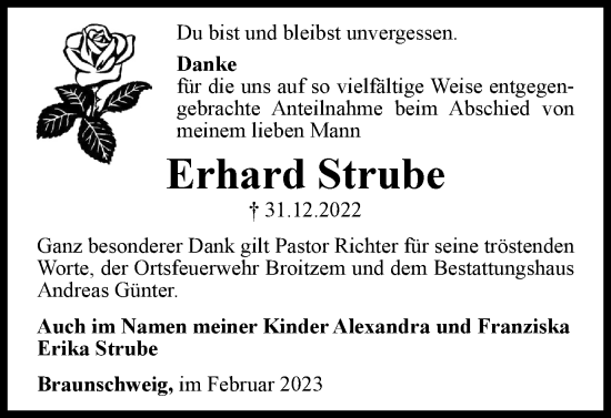 Traueranzeige von Erhard Strube von Braunschweiger Zeitung