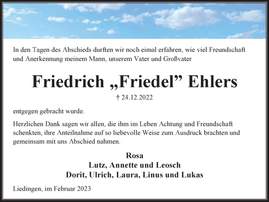 Traueranzeige von Friedrich Ehlers von Peiner Nachrichten