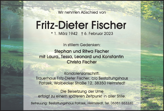 Traueranzeige von Fritz-Dieter Fischer von Helmstedter Nachrichten