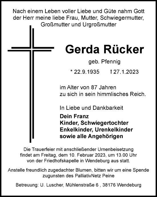 Traueranzeige von Gerda Rücker von Peiner Nachrichten