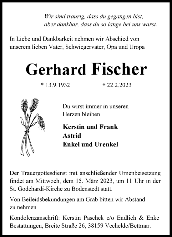 Traueranzeige von Gerhard Fischer von Peiner Nachrichten