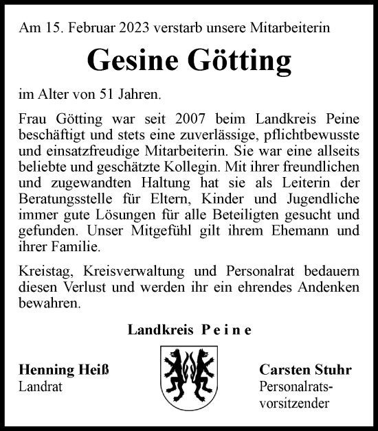 Traueranzeige von Gesine Götting von Peiner Nachrichten