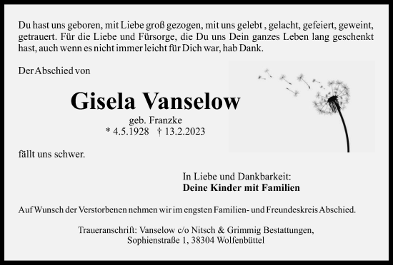 Traueranzeige von Gisela Vanselow von Wolfenbütteler Zeitung