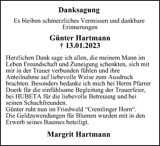 Traueranzeige von Günter Hartmann von Braunschweiger Zeitung