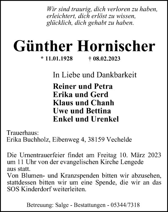 Traueranzeige von Günther Hornischer von Peiner Nachrichten