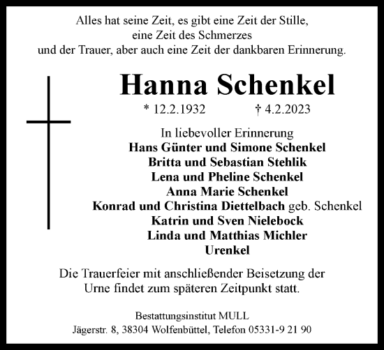 Traueranzeige von Hanna Schenkel von Wolfenbütteler Zeitung