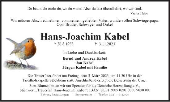 Traueranzeige von Hans-Joachim Kabel von Braunschweiger Zeitung