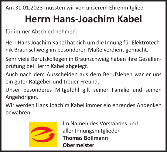 Traueranzeige von Hans-Joachim Kabel von Braunschweiger Zeitung