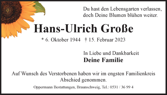 Traueranzeige von Hans-Ulrich Große von Braunschweiger Zeitung