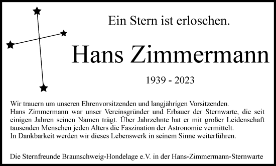 Traueranzeige von Hans Zimmermann von Braunschweiger Zeitung