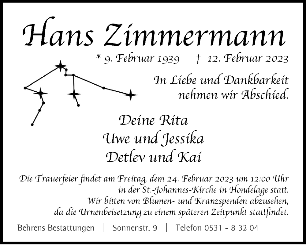  Traueranzeige für Hans Zimmermann vom 18.02.2023 aus Braunschweiger Zeitung