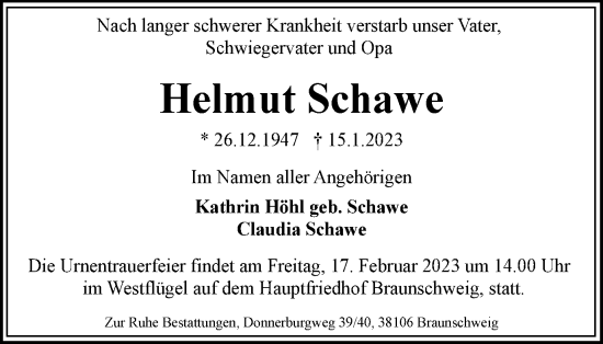 Traueranzeige von Helmut Schawe von Braunschweiger Zeitung