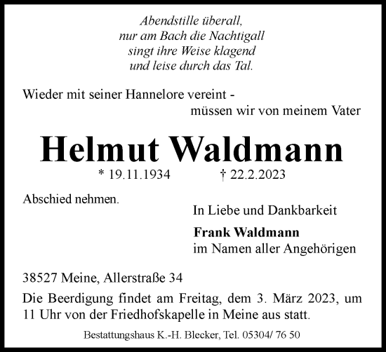 Traueranzeige von Helmut Waldmann von Wolfsburger Nachrichten