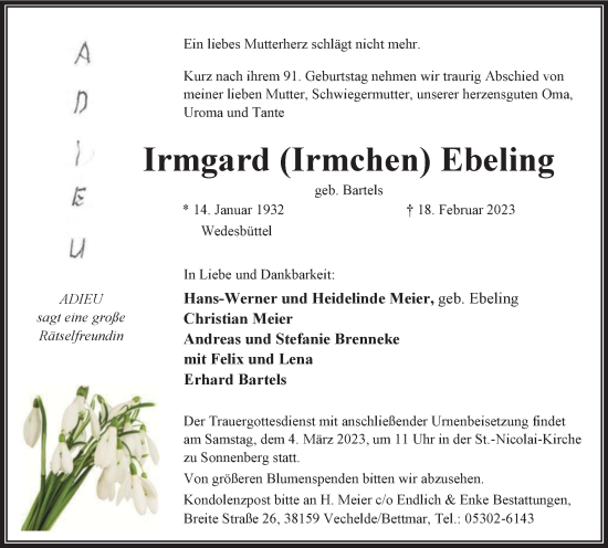 Traueranzeige von Irmgard Ebeling von Peiner Nachrichten