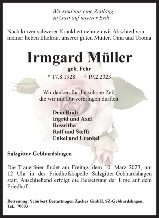 Traueranzeige von Irmgard Müller von Salzgitter-Zeitung