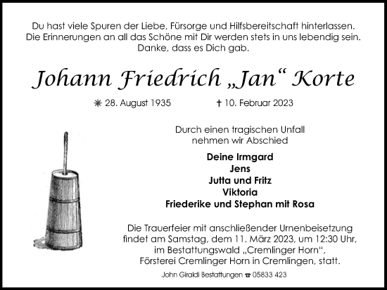 Traueranzeige von Johann Friedrich Jan Korte von Wolfsburger Nachrichten