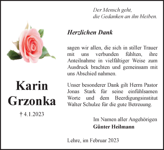 Traueranzeige von Karin Grzonka von Braunschweiger Zeitung