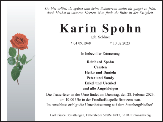 Traueranzeige von Karin Spohn von Braunschweiger Zeitung