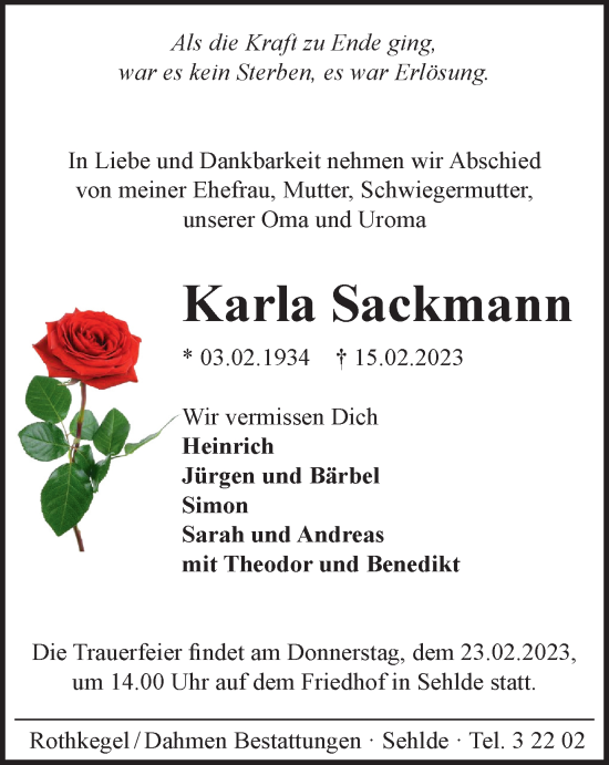 Traueranzeige von Karla Sackmann von Salzgitter-Zeitung